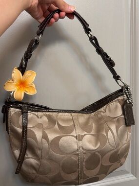 Coach Tan Signature Jacquard Shoulder Bag with Dark Brown Trim